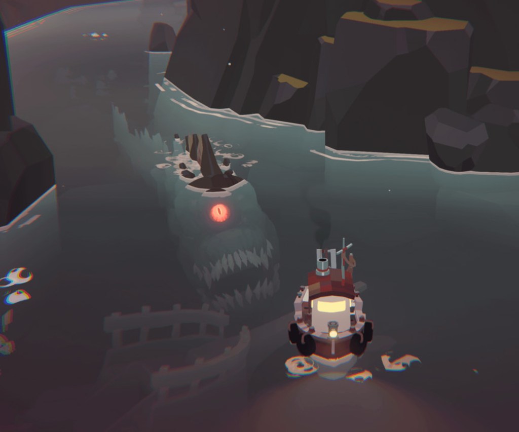 Un bateau à vapeur naviguant près d'un énorme monstre marin avec un œil rouge dans une eau calme, entouré de rochers sombres.