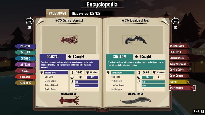 Page de l'encyclopédie montrant les entrées pour le Snag Squid et l'Eel Barbed, avec des détails sur leurs habitats et caractéristiques.