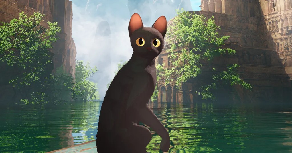 Un chat noir avec des yeux jaunes assis près d'un plan d'eau entouré de verdure et de structures anciennes.