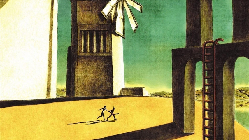 Deux silhouettes marchent ensemble sur un sol désertique, devant un bâtiment et une échelle. Un moulin à vent se dresse au-dessus d'eux, sous un ciel bleu-vert.