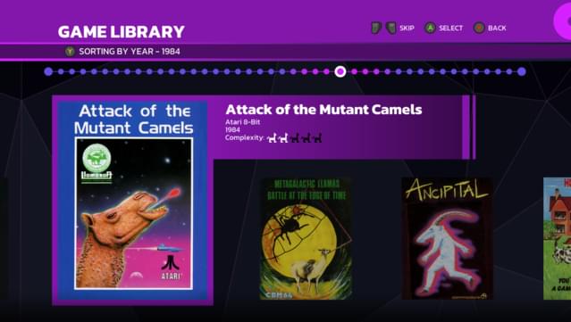 Bibliothèque de jeux affichant 'Attack of the Mutant Camels' pour Atari 8 bits, daté de 1984, avec une note de complexité.