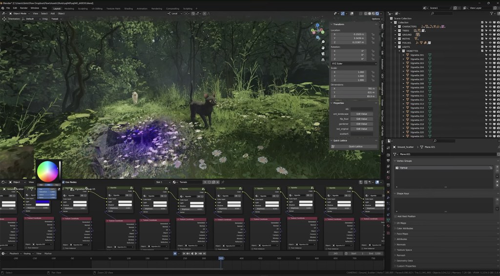 Une scène de forêt animée dans Blender montrant deux chiens sur un chemin entouré de fleurs et de verdure, avec des outils de modélisation et de textures visibles à l'écran.